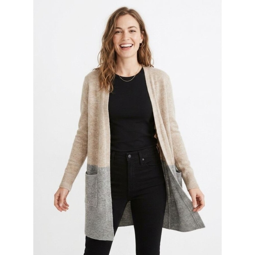 Madewell Kent Colorblock Cardigan Sweater Merino Wool Alpaca Gray Tan Small S